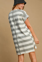 Load image into Gallery viewer, Peace Applique Striped Short Sleeve Mini Dress – Fun Peace Sign Applique, Chic Stripes, and High-Low Hem for Stylish Comfort
