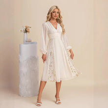 Load image into Gallery viewer, Floral Long Sleeve V-Neck Pleated Midi Dress – High Waist Flared Hem
