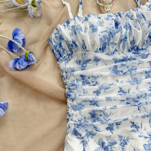 Load image into Gallery viewer, Boho Floral Spaghetti Strap Mini Dress – Ruched Ruffle Hem Vacation Sundress
