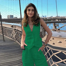 Load image into Gallery viewer, Women’s V‑Neck Button‑Front Vest &amp; High‑Waist Pants Set
