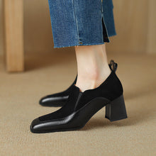Load image into Gallery viewer, Women's Retro Cowhide Square Toe Chunky Heel Slip-On Pumps
