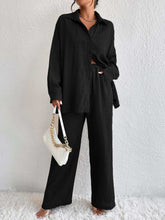 Load image into Gallery viewer, Women's Pleated Long Sleeve Lapel Two-Piece Set – Loose Top &amp; Pants
