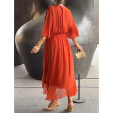 Load image into Gallery viewer, Batwing Sleeve V-Neck Midi Dress – Tied Irregular Hem Fairy Dress
