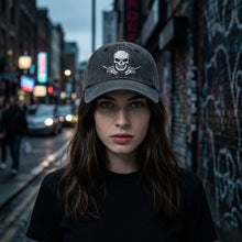 Load image into Gallery viewer, Washed Black Skull Embroidered Trucker Cap
