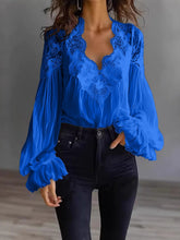 Load image into Gallery viewer, Lace-Panel Puff Sleeve Pleated Ruffle Shirt | Ballet Style
