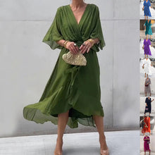 Load image into Gallery viewer, Batwing Sleeve V-Neck Midi Dress – Tied Irregular Hem Fairy Dress
