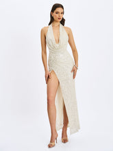 Load image into Gallery viewer, Niamh Golden Beaded Cowl Halter Backless Maxi Dress
