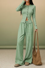 Load image into Gallery viewer, Women's Stripe Fitted Button-Front Crop Top &amp; Drawstring Wide-Leg Pants Set
