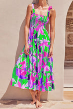 Load image into Gallery viewer, Long Floral Tie-Shoulder Smocked Midi Dress Perfect For Vacation &amp; Summer Days
