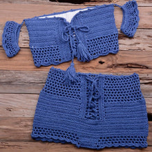 Load image into Gallery viewer, Fashion Beach Bikini Set Knitting Swimsuit Crochet Style Off Shoulder Bathing Handmade Tassels Bikini Bra Two Piece Beach Outfits For Women Crochet Tassels Hollow Out Bikini Bra Top Skirt Cover Up Dress
