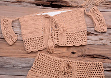 Load image into Gallery viewer, Fashion Beach Bikini Set Knitting Swimsuit Crochet Style Off Shoulder Bathing Handmade Tassels Bikini Bra Two Piece Beach Outfits For Women Crochet Tassels Hollow Out Bikini Bra Top Skirt Cover Up Dress
