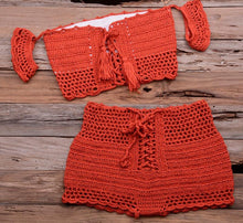Load image into Gallery viewer, Fashion Beach Bikini Set Knitting Swimsuit Crochet Style Off Shoulder Bathing Handmade Tassels Bikini Bra Two Piece Beach Outfits For Women Crochet Tassels Hollow Out Bikini Bra Top Skirt Cover Up Dress
