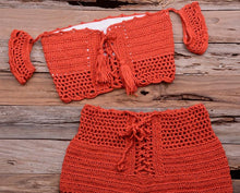 Load image into Gallery viewer, Fashion Beach Bikini Set Knitting Swimsuit Crochet Style Off Shoulder Bathing Handmade Tassels Bikini Bra Two Piece Beach Outfits For Women Crochet Tassels Hollow Out Bikini Bra Top Skirt Cover Up Dress
