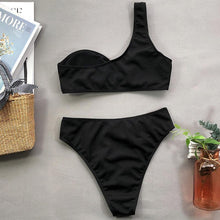 Load image into Gallery viewer, Modern Design Bikini Set One Shoulder Women's Swimsuits High Waist Bright Color Swimwear Women Rings Ribbed Bikinis Women's Ribbed O-Ring String Bikini Swimsuit Comfortable Swimwear
