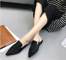 Load image into Gallery viewer, Fashion Embroidery Women Fur Slides Half Slippers Velvet Shoes Flats Flower Decoration Low Heel Flats Leather Slip On Backless Sandals For Girls Womens Work Slides Shoes
