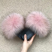 Load image into Gallery viewer, Fashion Fox Fur Slippers Women Home Fluffy Comfort Summer Flats Sweet Shoes Indoor Flip Flops Fur Slides Elegant Sandals Lightweight House Slippers Fuzzy Band Slip On Open Toe Slippers
