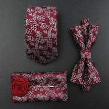 Load image into Gallery viewer, Fashion Red Business Necktie Matching Bowtie Flower Vintage Design Set For Men Self-Tie Bow Tie And Pocket Square Classic Business Tuxedo Wedding Bowties Handkerchief Set Men Necktie And Pocket Square Set
