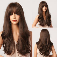 Load image into Gallery viewer, Fashionable Long Wavy Synthetic Wigs Brown to Blonde Ombre with Bangs Fake Hair for Women Daily Cosplay Party Heat Resistant Wigs For Black Women Gifts for Girlfriends
