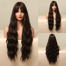 Load image into Gallery viewer, Fashionable Long Wavy Synthetic Wigs Brown to Blonde Ombre with Bangs Fake Hair for Women Daily Cosplay Party Heat Resistant Wigs For Black Women Gifts for Girlfriends
