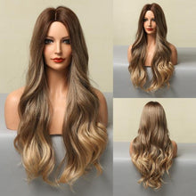 Load image into Gallery viewer, Fashionable Long Wavy Synthetic Wigs Brown to Blonde Ombre with Bangs Fake Hair for Women Daily Cosplay Party Heat Resistant Wigs For Black Women Gifts for Girlfriends
