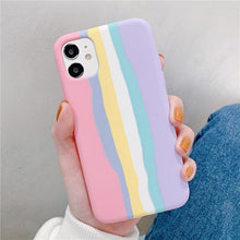 Load image into Gallery viewer, Fashionable Rainbow Silicone Luxury Case For iPhone 11 12 13 14 Pro Max XR X XS 7 8 Plus Mini Soft Shockproof Cover Creative Cute Rainbow Pink Stripe Line Soft Silicone Case
