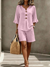 Load image into Gallery viewer, Women's Buttoned V-Neck Ruffle-Trim Top &amp; Shorts Two-Piece Set
