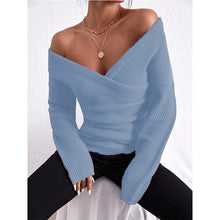Load image into Gallery viewer, Women's Off-Shoulder Crossover Knit Sweater – Slim Fit Long Sleeve
