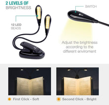 Load image into Gallery viewer, Super Adjustable Goosenecks Clip LED Lamp For Book Reading With Stand And Double Ligh  Rechargeable 12 LED Warm Book Light, Clip On Bed Reading Light, Music Stand Lamp, 2 Brightness &amp; 2 Goosenecks Light Up 2 Full Pages. Perfect For Bookworms, Kids &amp; Music
