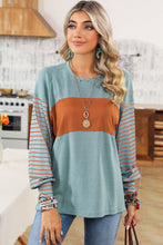 Load image into Gallery viewer, Green Color block Striped Women's Top with Bishop Sleeves and Side Slits
