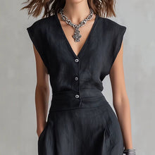 Load image into Gallery viewer, Women's Structured Sleeveless V-Neck Single-Breasted Vest &amp; Wide-Leg Pleated Trousers Set

