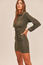 Load image into Gallery viewer, Front Ruched Button-Down Skinny Mini Shirt Dress – Button-Down Mini Dress, Ruched Shirt Dress, Bodycon Mini Dress, Skinny Fit Shirt Dress, Trendy Mini Dress
