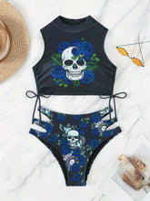 Load image into Gallery viewer, Bikini Skull Print Hollow-Out 2 Piece Swimsuit for Women – Sexy Lace-Up Floral Tie Bathing Suit with Crew Neck – High Stretch Halloween Inspired Bikini Set for Beach Party, Festival, and Summer Vacation
