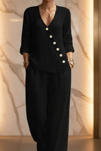 Load image into Gallery viewer, Women's V-Neck Diagonal Button Placket Cotton-Linen Shirt &amp; Wide-Leg Pants Set
