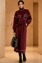 Load image into Gallery viewer, Women's Turtleneck Balloon-Sleeve Knit Top &amp; A-Line Midi Skirt Set with Contrast Topstitching
