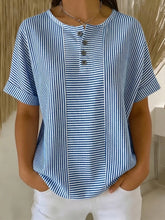 Load image into Gallery viewer, Women's Striped T-Shirt – V-Neck, Button Detail, Loose Fit
