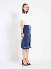 Load image into Gallery viewer, Floral Embroidered Front Slit Denim Skirt
