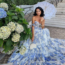 Load image into Gallery viewer, Floral Off-the-shoulder Strap Lace-up Large Swing Skirt Organza Dress
