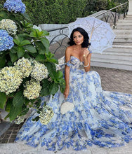 Load image into Gallery viewer, Floral Off-the-shoulder Strap Lace-up Large Swing Skirt Organza Dress
