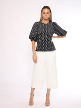 Load image into Gallery viewer, Flower Embroidered Puff Sleeve Peplum Style Blouse
