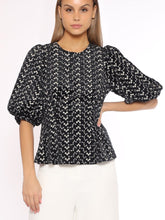 Load image into Gallery viewer, Flower Embroidered Puff Sleeve Peplum Style Blouse
