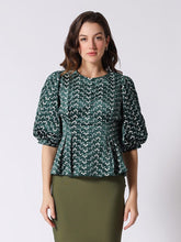 Load image into Gallery viewer, Flower Embroidered Puff Sleeve Peplum Style Blouse

