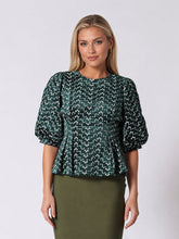 Load image into Gallery viewer, Flower Embroidered Puff Sleeve Peplum Style Blouse

