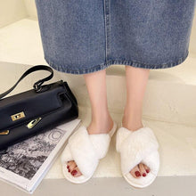 Load image into Gallery viewer, Fluffy Slippers Women Cozy Faux Fur Cross Indoor Floor Slides Flat Soft Furry Shoes Fluffy Furry Fur Slippers Flip Flop Open Toe Cozy House Memory Foam Sandals Slides Soft Flat Comfy Slippers
