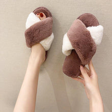 Load image into Gallery viewer, Fluffy Slippers Women Cozy Faux Fur Cross Indoor Floor Slides Flat Soft Furry Shoes Fluffy Furry Fur Slippers Flip Flop Open Toe Cozy House Memory Foam Sandals Slides Soft Flat Comfy Slippers
