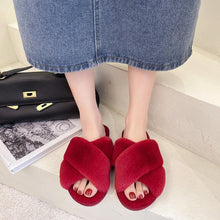 Load image into Gallery viewer, Fluffy Slippers Women Cozy Faux Fur Cross Indoor Floor Slides Flat Soft Furry Shoes Fluffy Furry Fur Slippers Flip Flop Open Toe Cozy House Memory Foam Sandals Slides Soft Flat Comfy Slippers
