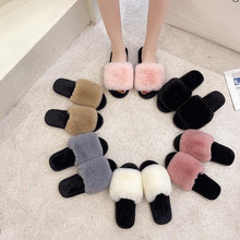 Load image into Gallery viewer, Fluffy Slippers Women Cozy Faux Fur Cross Indoor Floor Slides Flat Soft Furry Shoes Fluffy Furry Fur Slippers Flip Flop Open Toe Cozy House Memory Foam Sandals Slides Soft Flat Comfy Slippers
