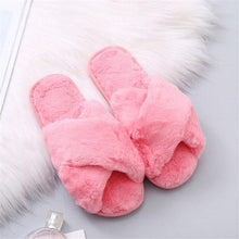 Load image into Gallery viewer, Fluffy Slippers Women Cozy Faux Fur Cross Indoor Floor Slides Flat Soft Furry Shoes Fluffy Furry Fur Slippers Flip Flop Open Toe Cozy House Memory Foam Sandals Slides Soft Flat Comfy Slippers
