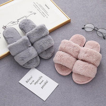 Load image into Gallery viewer, Fluffy Slippers Women Cozy Faux Fur Cross Indoor Floor Slides Flat Soft Furry Shoes Fluffy Furry Fur Slippers Flip Flop Open Toe Cozy House Memory Foam Sandals Slides Soft Flat Comfy Slippers
