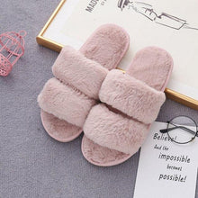 Load image into Gallery viewer, Fluffy Slippers Women Cozy Faux Fur Cross Indoor Floor Slides Flat Soft Furry Shoes Fluffy Furry Fur Slippers Flip Flop Open Toe Cozy House Memory Foam Sandals Slides Soft Flat Comfy Slippers
