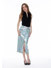 Load image into Gallery viewer, Front Slit Metallic Pleather Pencil Skirt
